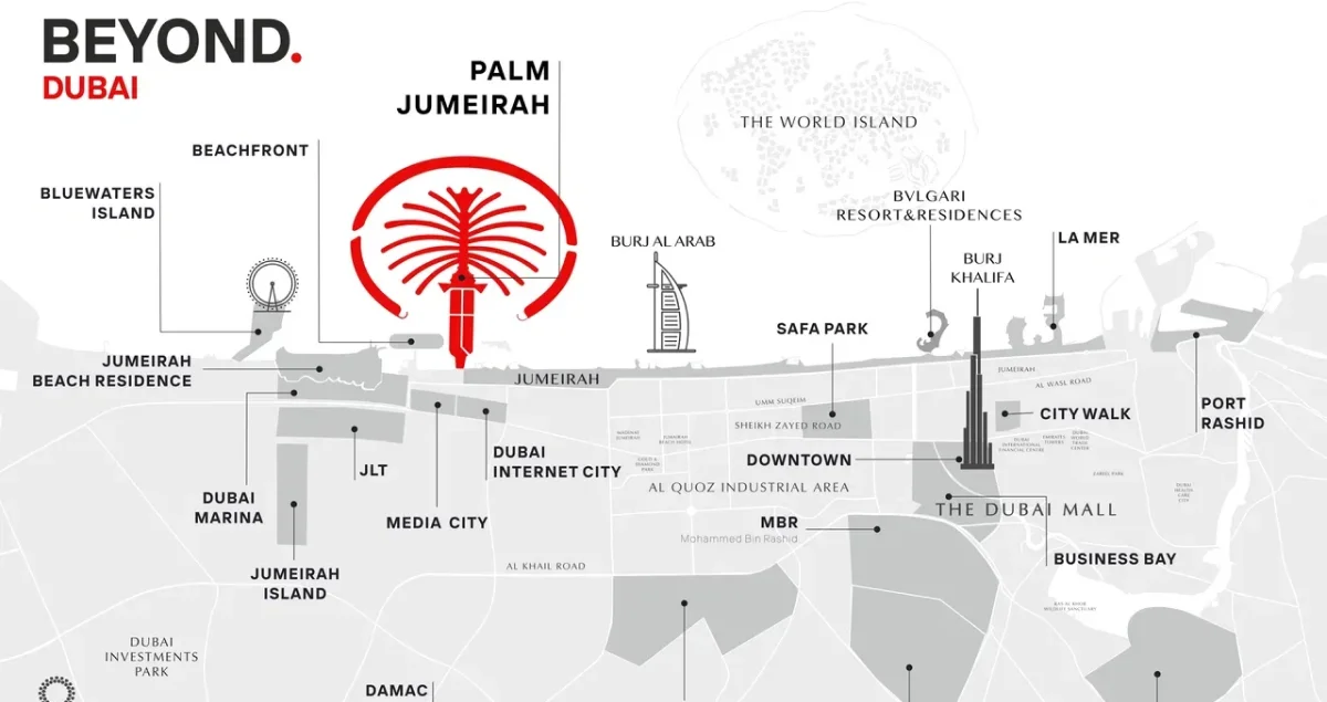 Район Palm Jumeirah на карте Дубая